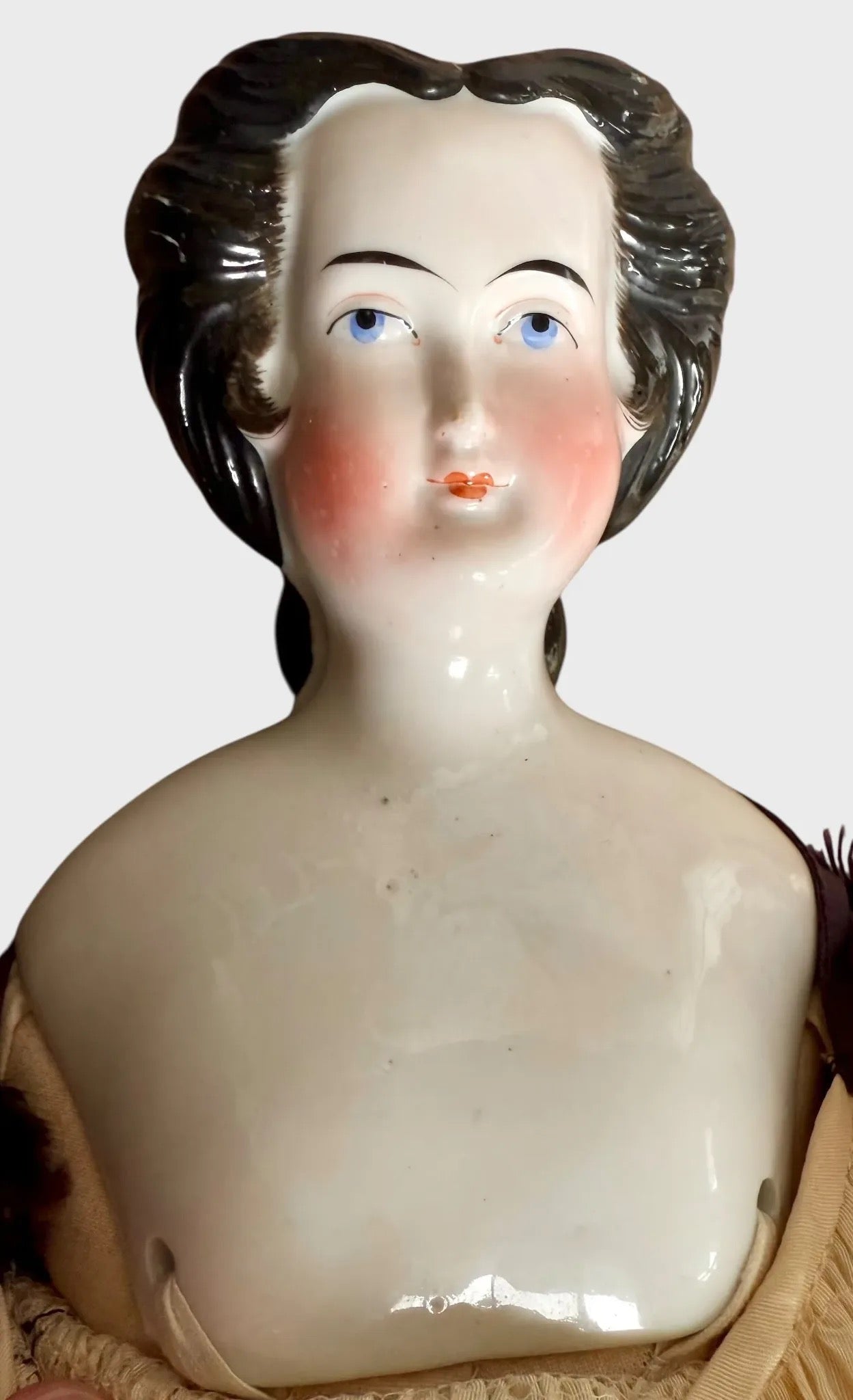 Rare Early China Head Doll w Spit Curls on Side, Comb and Snood
