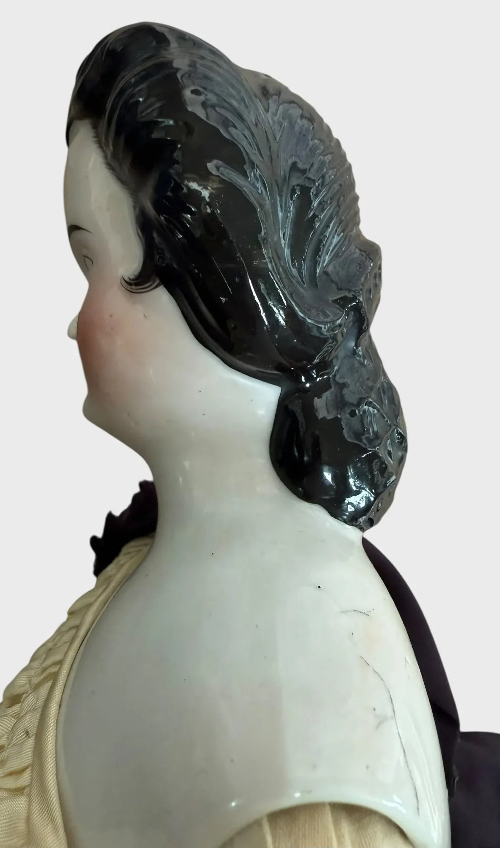 Rare Early China Head Doll w Spit Curls on Side, Comb and Snood