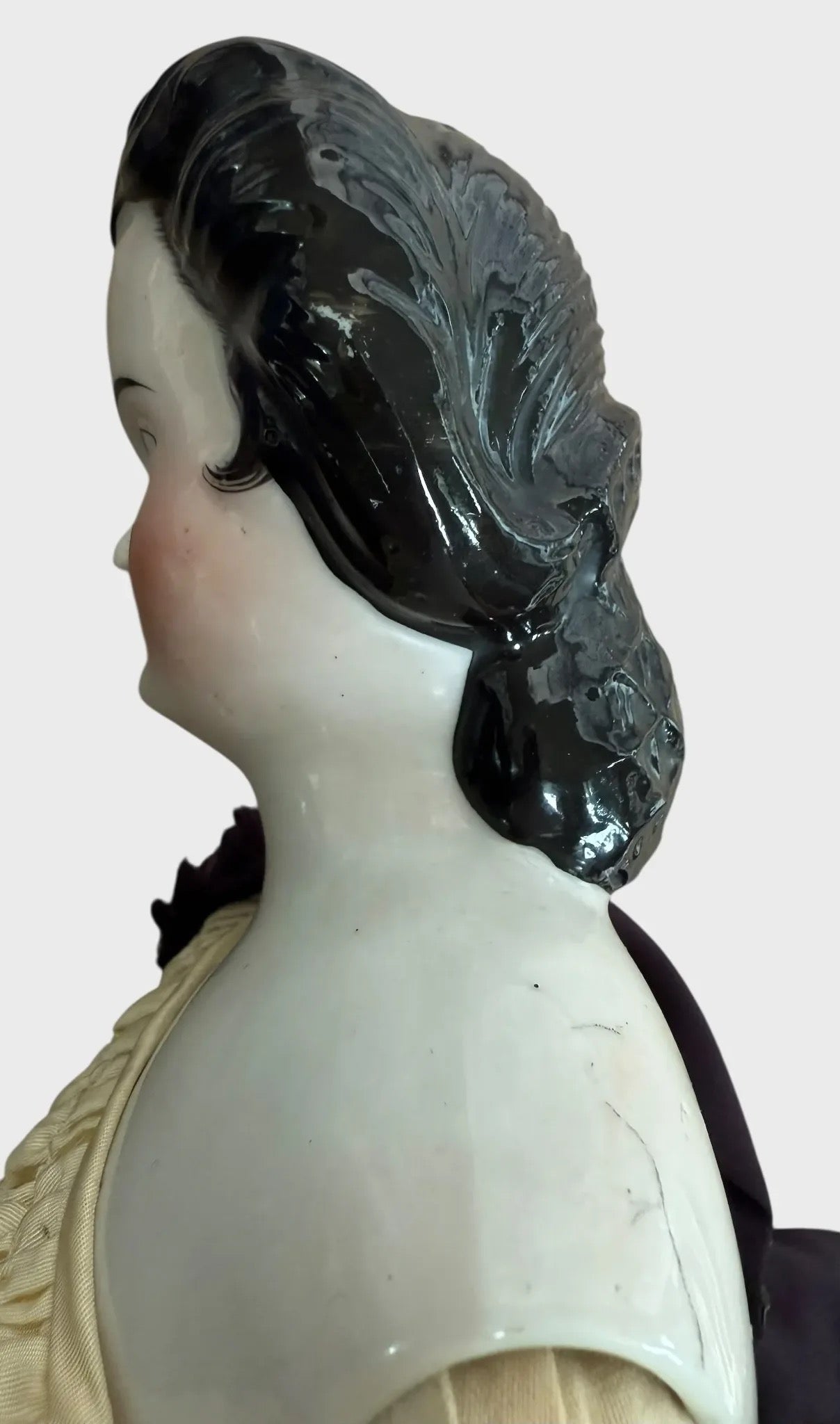 Rare Early China Head Doll w Spit Curls on Side, Comb and Snood