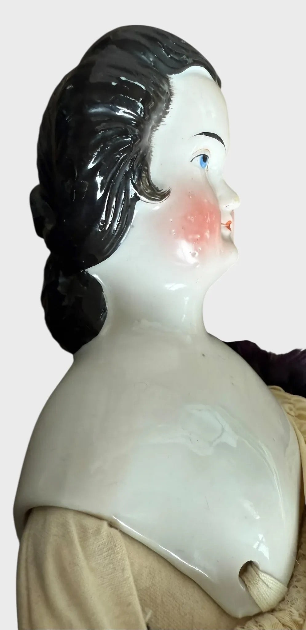 Rare Early China Head Doll w Spit Curls on Side, Comb and Snood
