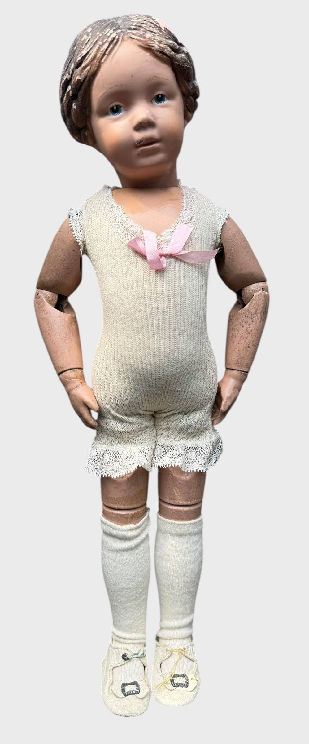 Antique Early Incised Mark Schoenhut 16" 102 Girl Wood Doll with Braid