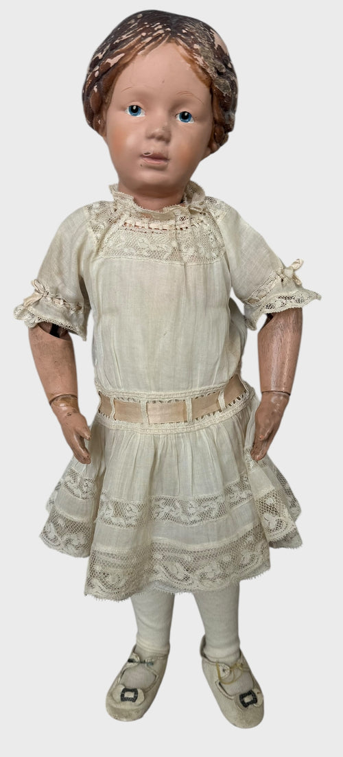 Antique Early Incised Mark Schoenhut 16" 102 Girl Wood Doll with Braid